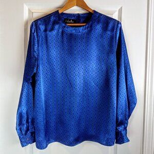 Vintage David Matthew Blue Green Print Satin LS Top